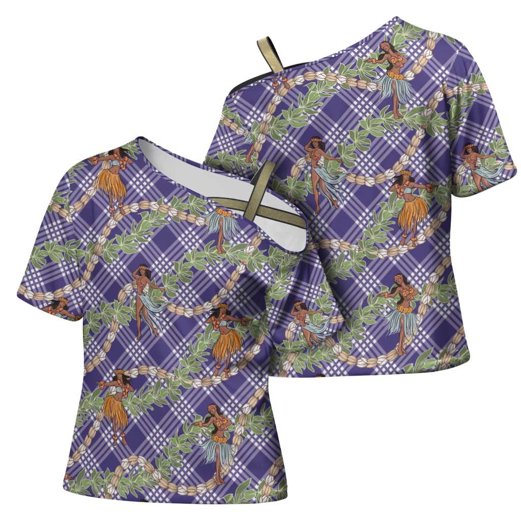 Lavender Palaka Hula Girls Seamless Hawaii Aloha Cross Shoulder Shirt - Polynesian Pride