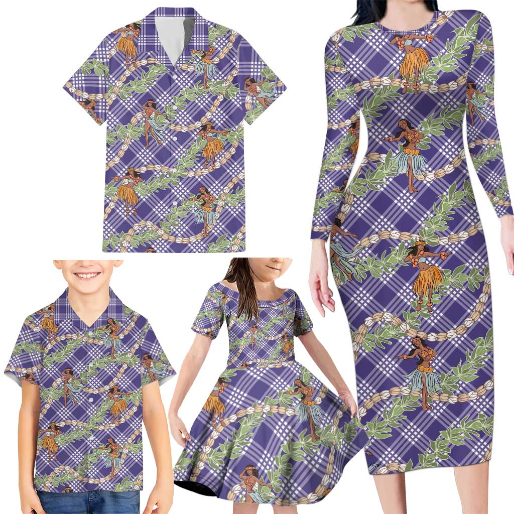 Lavender Palaka Hula Girls Seamless Hawaii Aloha Family Matching Long Sleeve Bodycon Dress and Hawaiian Shirt - Polynesian Pride