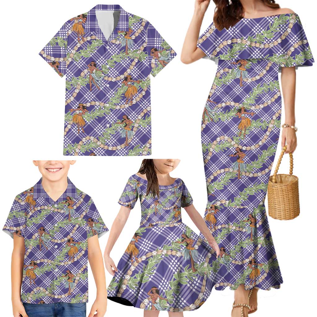 Lavender Palaka Hula Girls Seamless Hawaii Aloha Family Matching Mermaid Dress and Hawaiian Shirt LT7 - Polynesian Pride