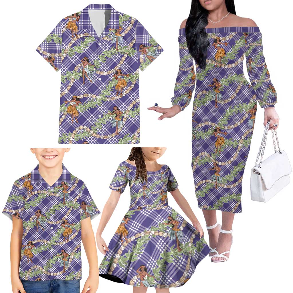 Lavender Palaka Hula Girls Seamless Hawaii Aloha Family Matching Off The Shoulder Long Sleeve Dress and Hawaiian Shirt - Polynesian Pride