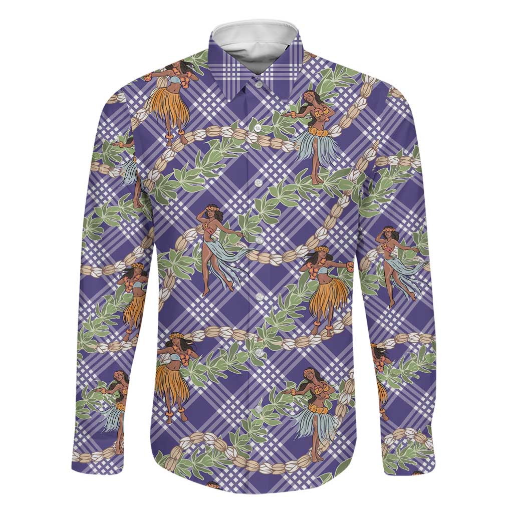 Lavender Palaka Hula Girls Seamless Hawaii Aloha Family Matching Off The Shoulder Long Sleeve Dress and Hawaiian Shirt LT7 Dad's Shirt - Long Sleeve Lavender - Polynesian Pride