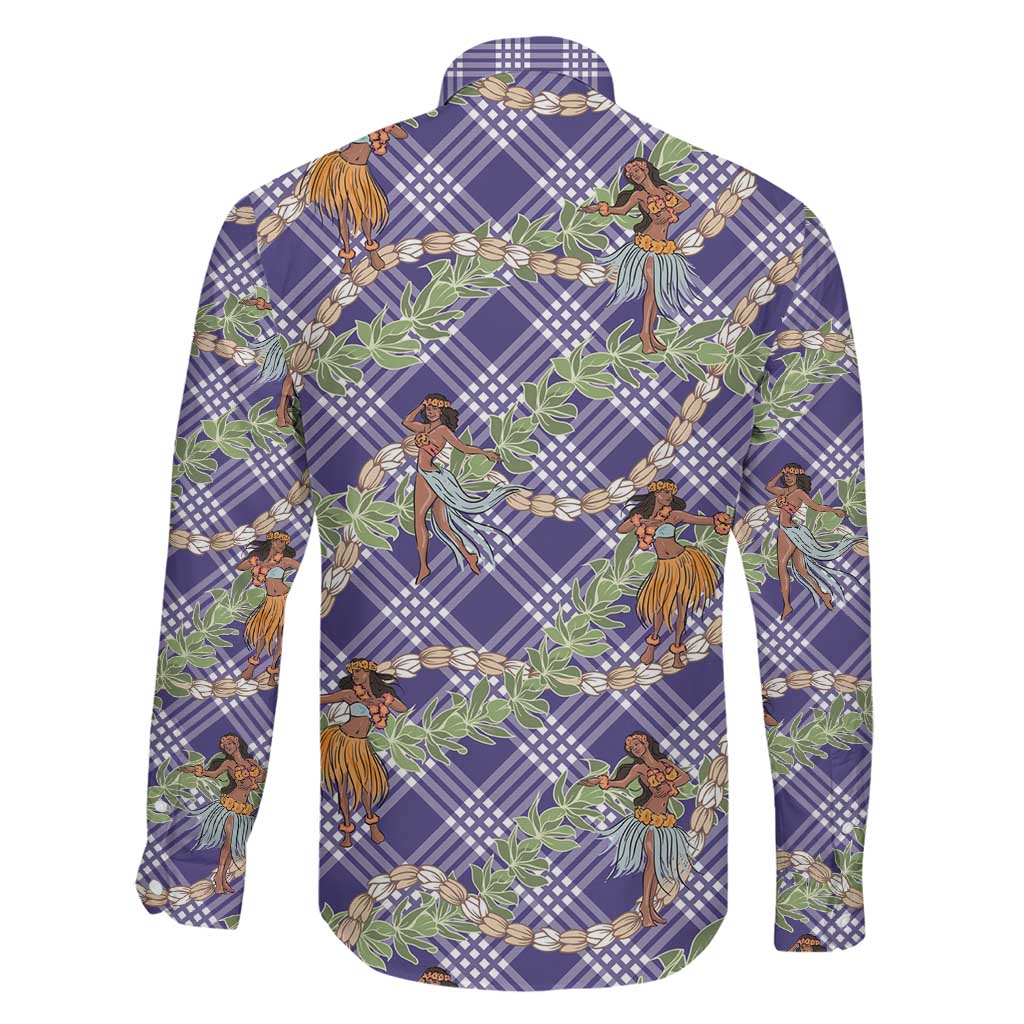 Lavender Palaka Hula Girls Seamless Hawaii Aloha Family Matching Off The Shoulder Long Sleeve Dress and Hawaiian Shirt LT7 - Polynesian Pride