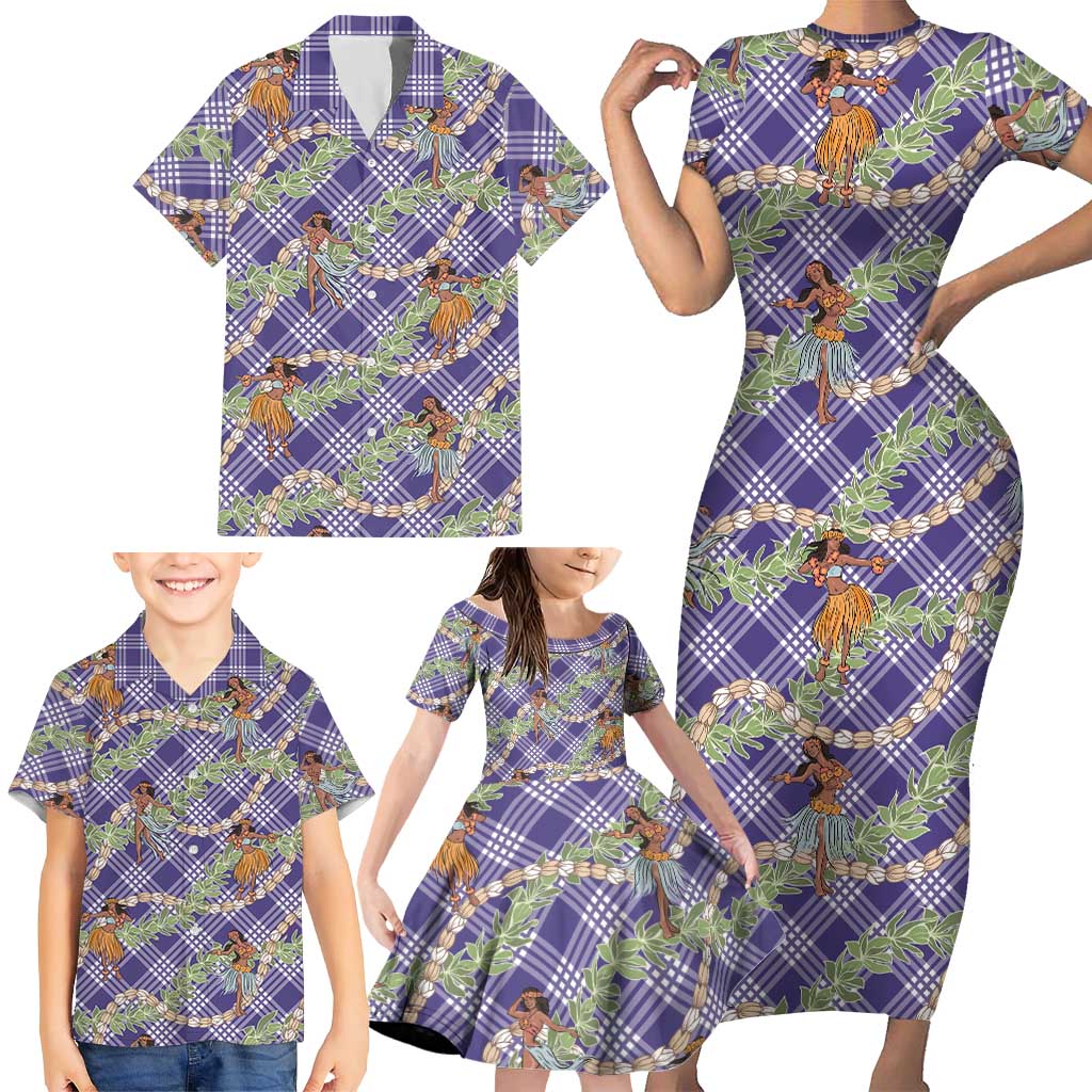 Lavender Palaka Hula Girls Seamless Hawaii Aloha Family Matching Short Sleeve Bodycon Dress and Hawaiian Shirt - Polynesian Pride