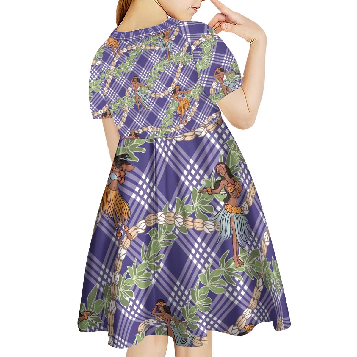 Lavender Palaka Hula Girls Seamless Hawaii Aloha Kid Short Sleeve Dress - Polynesian Pride