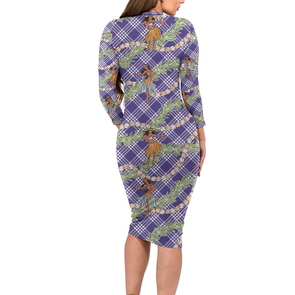 Lavender Palaka Hula Girls Seamless Hawaii Aloha Long Sleeve Bodycon Dress - Polynesian Pride