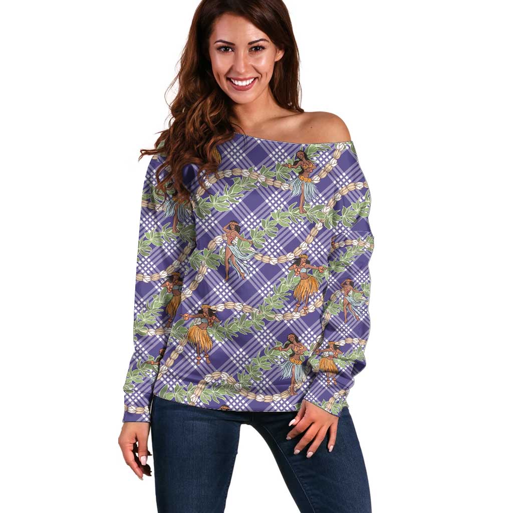 Lavender Palaka Hula Girls Seamless Hawaii Aloha Off Shoulder Sweater - Polynesian Pride