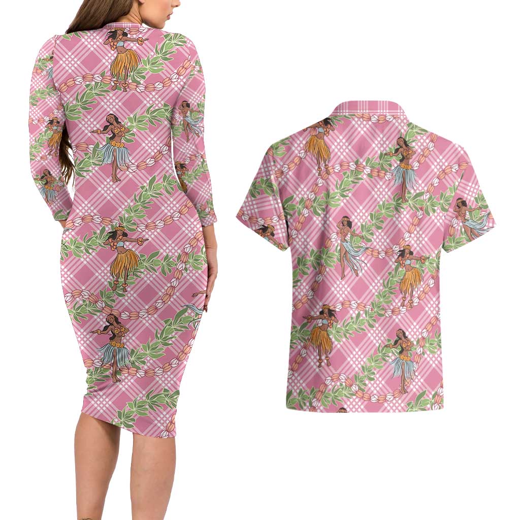Lokelani Pink Palaka Hula Girls Seamless Hawaii Aloha Couples Matching Long Sleeve Bodycon Dress and Hawaiian Shirt LT7 - Polynesian Pride