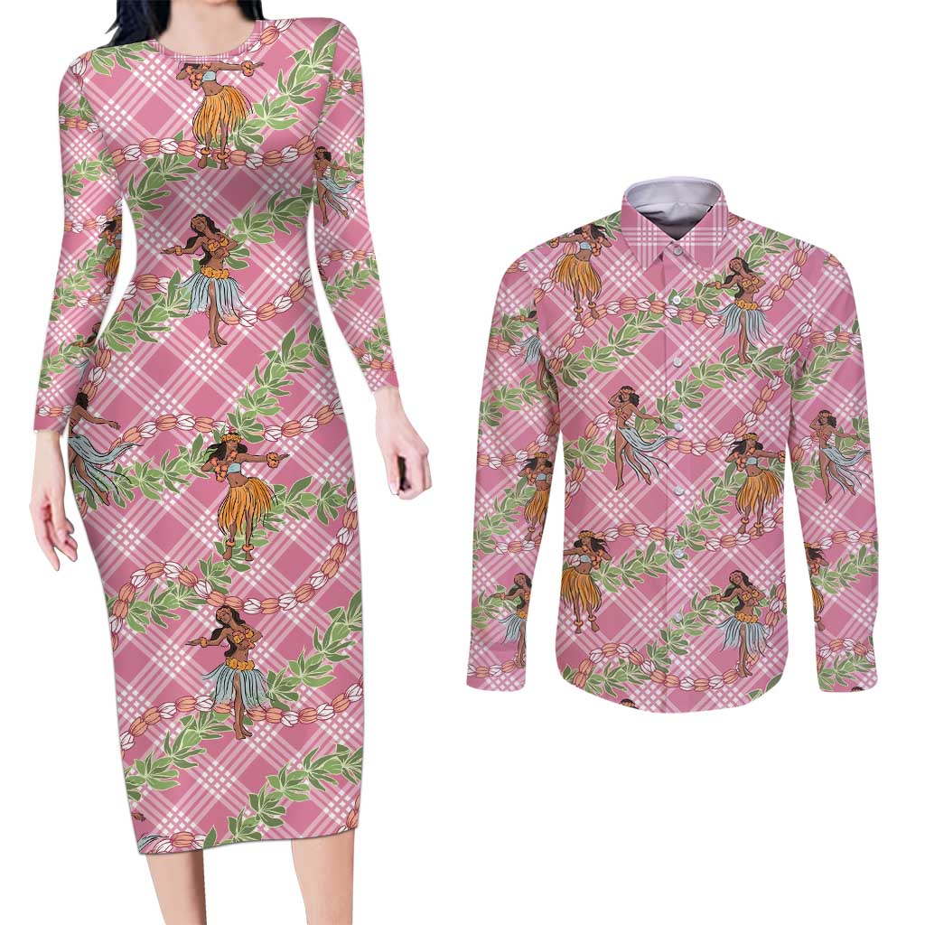 Lokelani Pink Palaka Hula Girls Seamless Hawaii Aloha Couples Matching Long Sleeve Bodycon Dress and Long Sleeve Button Shirt LT7 Pink - Polynesian Pride