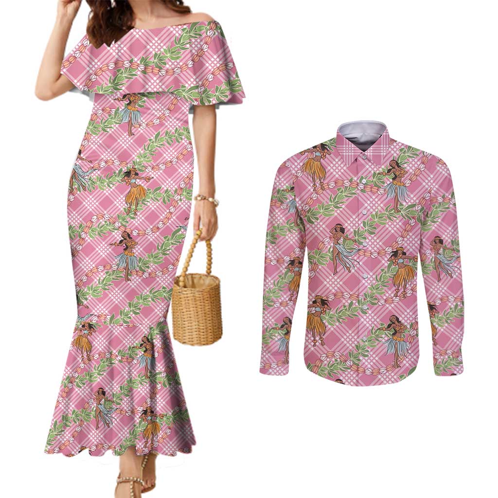 Lokelani Pink Palaka Hula Girls Seamless Hawaii Aloha Couples Matching Mermaid Dress and Long Sleeve Button Shirt LT7 Pink - Polynesian Pride