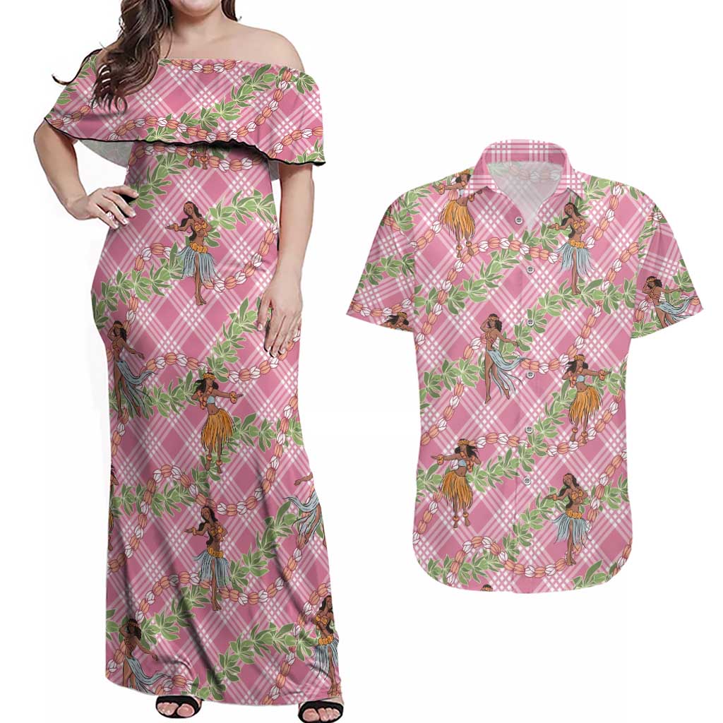 Lokelani Pink Palaka Hula Girls Seamless Hawaii Aloha Couples Matching Off Shoulder Maxi Dress and Hawaiian Shirt LT7 Pink - Polynesian Pride