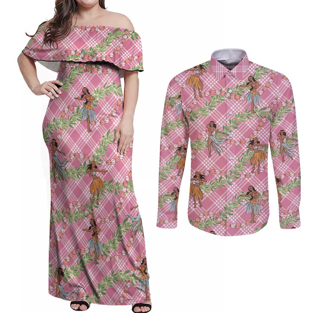 Lokelani Pink Palaka Hula Girls Seamless Hawaii Aloha Couples Matching Off Shoulder Maxi Dress and Long Sleeve Button Shirt LT7 Pink - Polynesian Pride