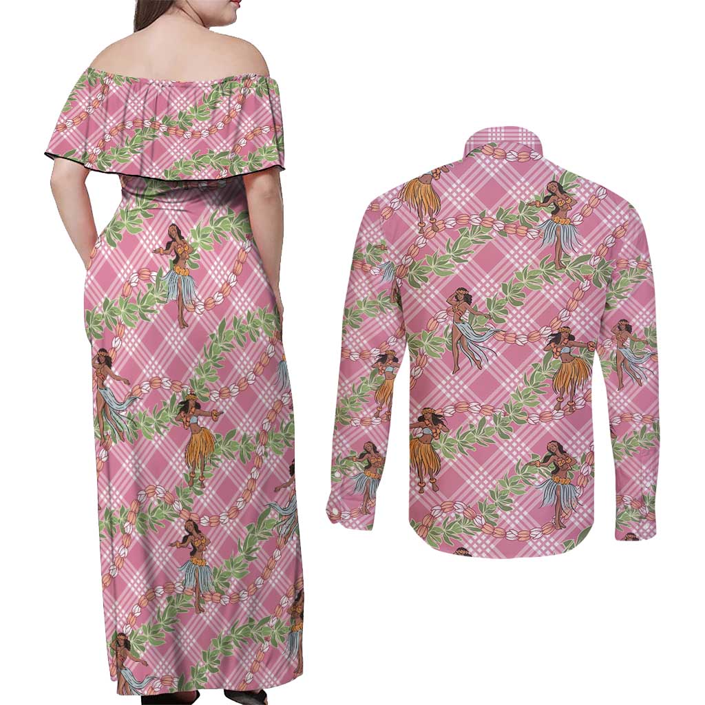 Lokelani Pink Palaka Hula Girls Seamless Hawaii Aloha Couples Matching Off Shoulder Maxi Dress and Long Sleeve Button Shirt LT7 - Polynesian Pride