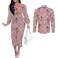 Lokelani Pink Palaka Hula Girls Seamless Hawaii Aloha Couples Matching Off The Shoulder Long Sleeve Dress and Long Sleeve Button Shirt LT7 Pink - Polynesian Pride