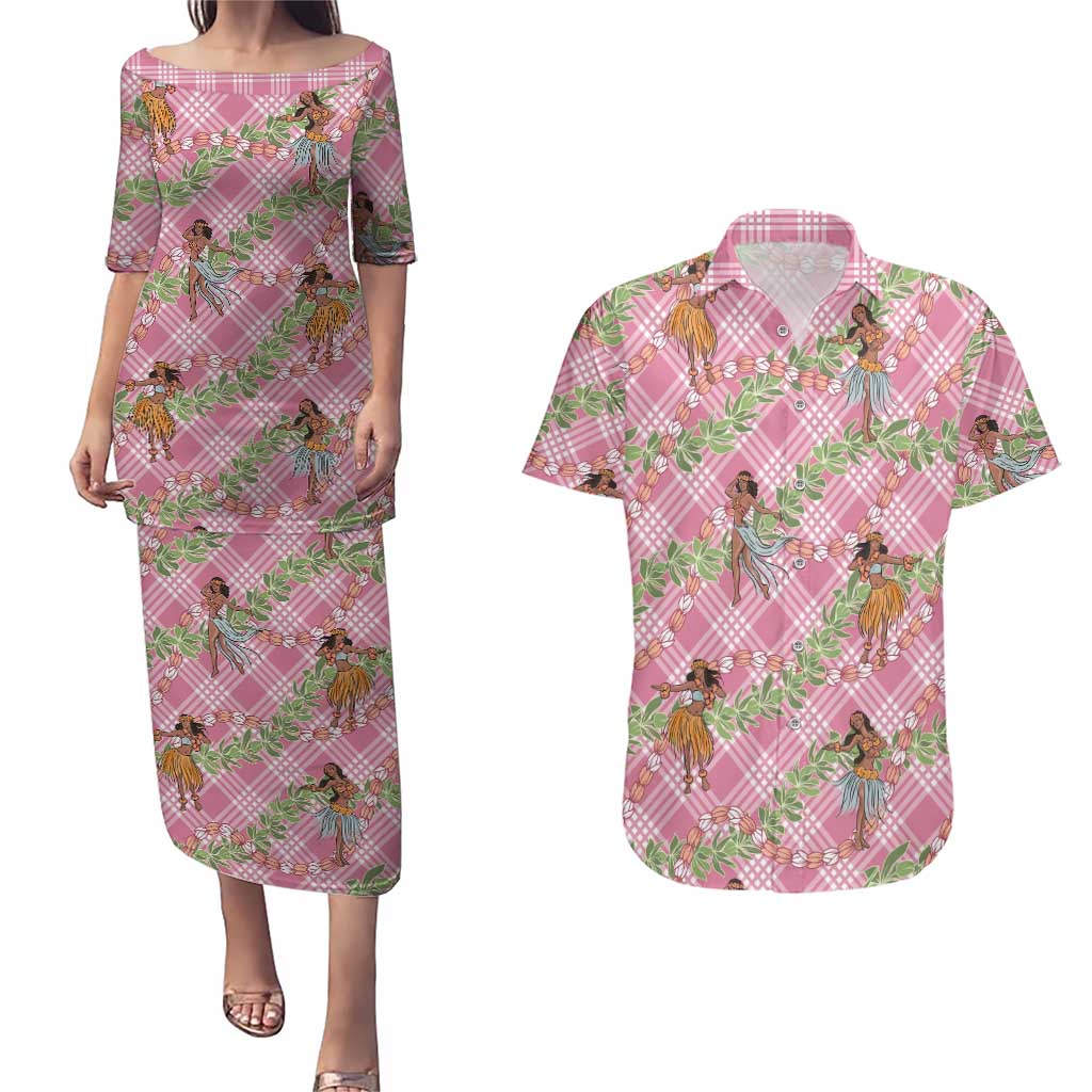 Lokelani Pink Palaka Hula Girls Seamless Hawaii Aloha Couples Matching Puletasi and Hawaiian Shirt LT7 Pink - Polynesian Pride