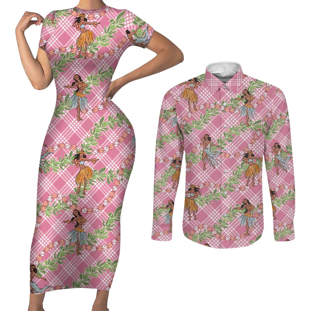 Lokelani Pink Palaka Hula Girls Seamless Hawaii Aloha Couples Matching Short Sleeve Bodycon Dress and Long Sleeve Button Shirt - Polynesian Pride