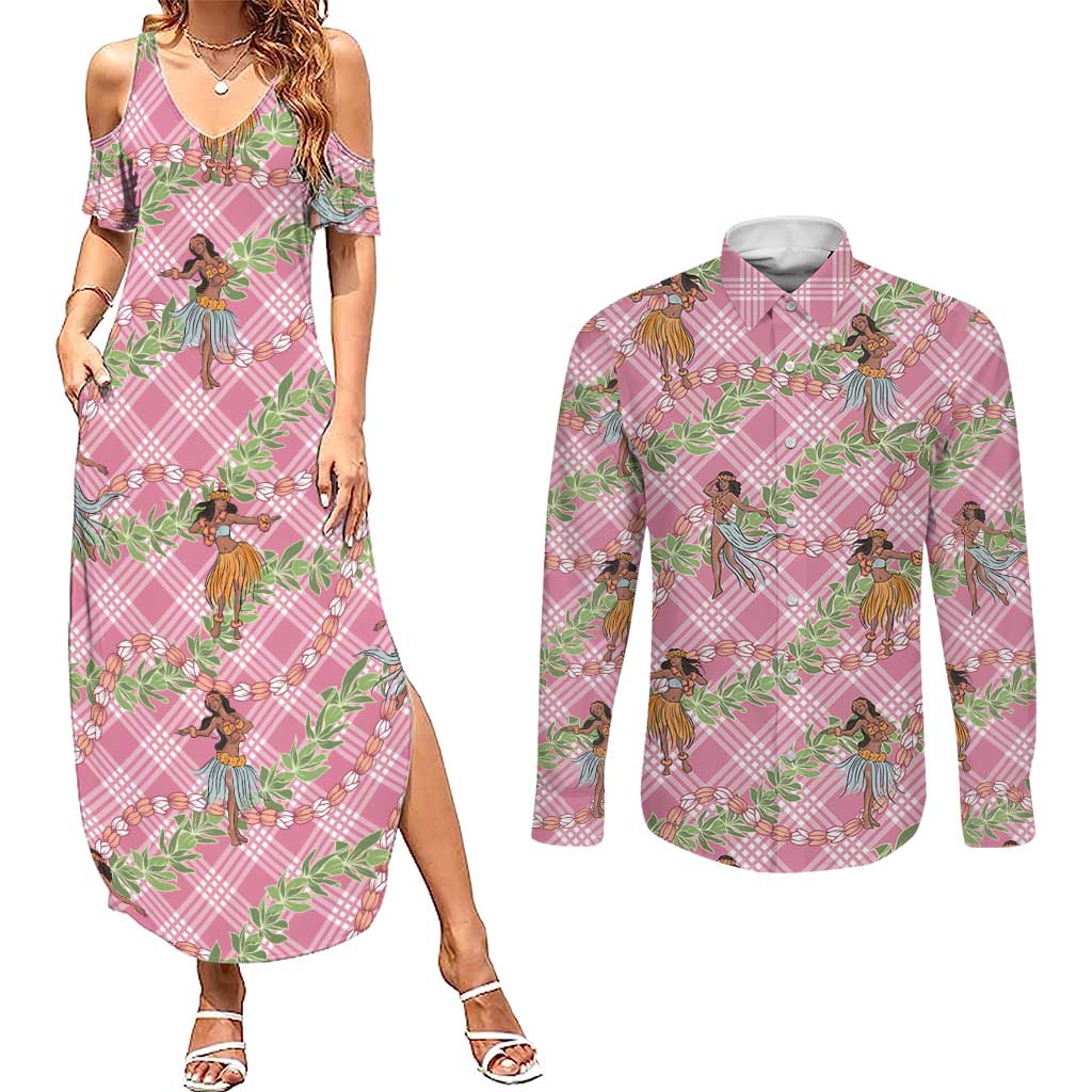 Lokelani Pink Palaka Hula Girls Seamless Hawaii Aloha Couples Matching Summer Maxi Dress and Long Sleeve Button Shirt LT7 Pink - Polynesian Pride