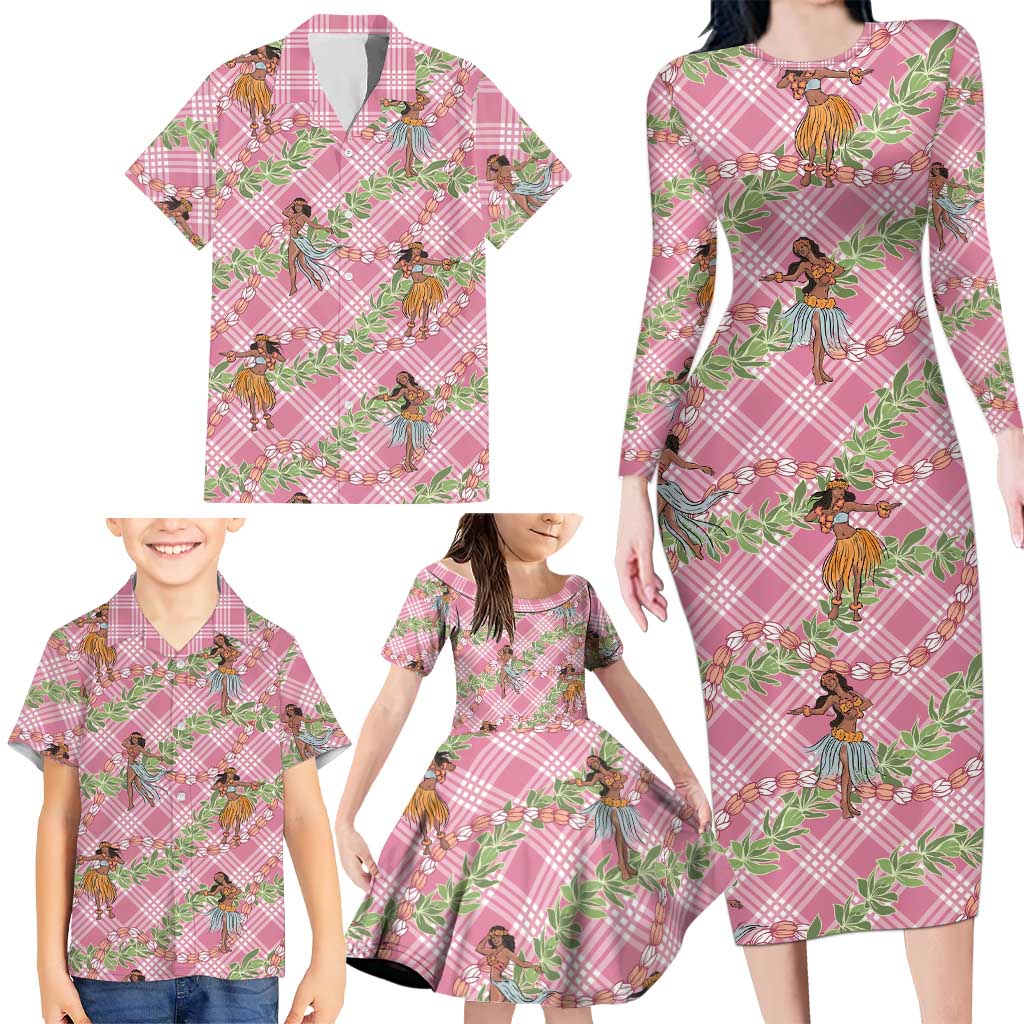 Lokelani Pink Palaka Hula Girls Seamless Hawaii Aloha Family Matching Long Sleeve Bodycon Dress and Hawaiian Shirt LT7 - Polynesian Pride
