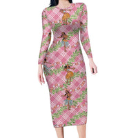 Lokelani Pink Palaka Hula Girls Seamless Hawaii Aloha Family Matching Long Sleeve Bodycon Dress and Hawaiian Shirt LT7 Mom's Dress Pink - Polynesian Pride
