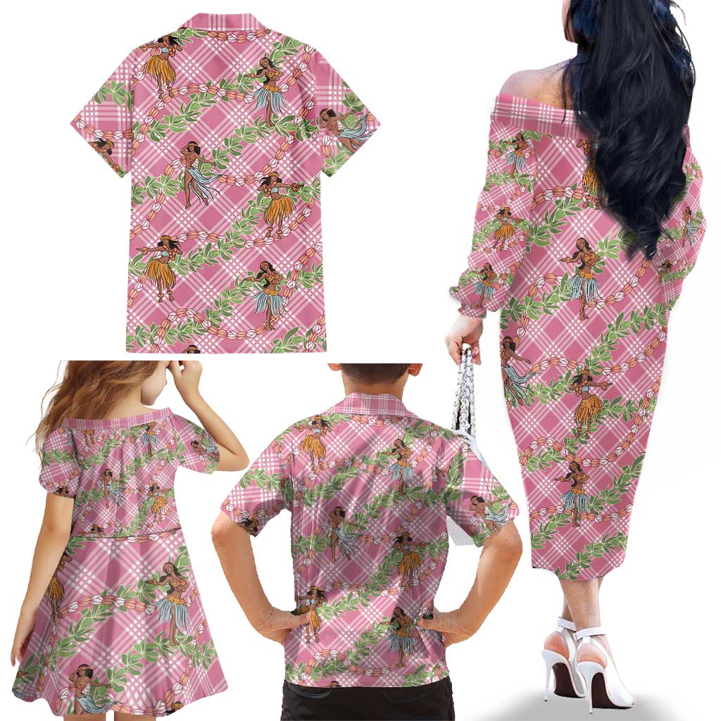Lokelani Pink Palaka Hula Girls Seamless Hawaii Aloha Family Matching Off The Shoulder Long Sleeve Dress and Hawaiian Shirt LT7 - Polynesian Pride