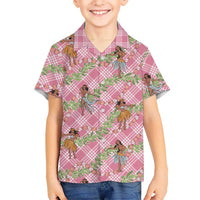 Lokelani Pink Palaka Hula Girls Seamless Hawaii Aloha Family Matching Off The Shoulder Long Sleeve Dress and Hawaiian Shirt LT7 Son's Shirt Pink - Polynesian Pride