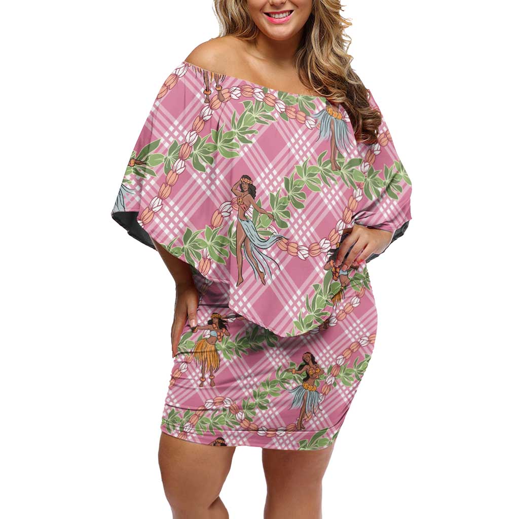 Lokelani Pink Palaka Hula Girls Seamless Hawaii Aloha Family Matching Off Shoulder Short Dress and Hawaiian Shirt LT7 Mom's Dress Pink - Polynesian Pride