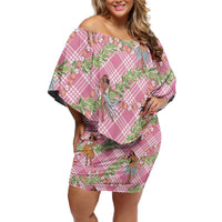 Lokelani Pink Palaka Hula Girls Seamless Hawaii Aloha Family Matching Off Shoulder Short Dress and Hawaiian Shirt LT7 Mom's Dress Pink - Polynesian Pride