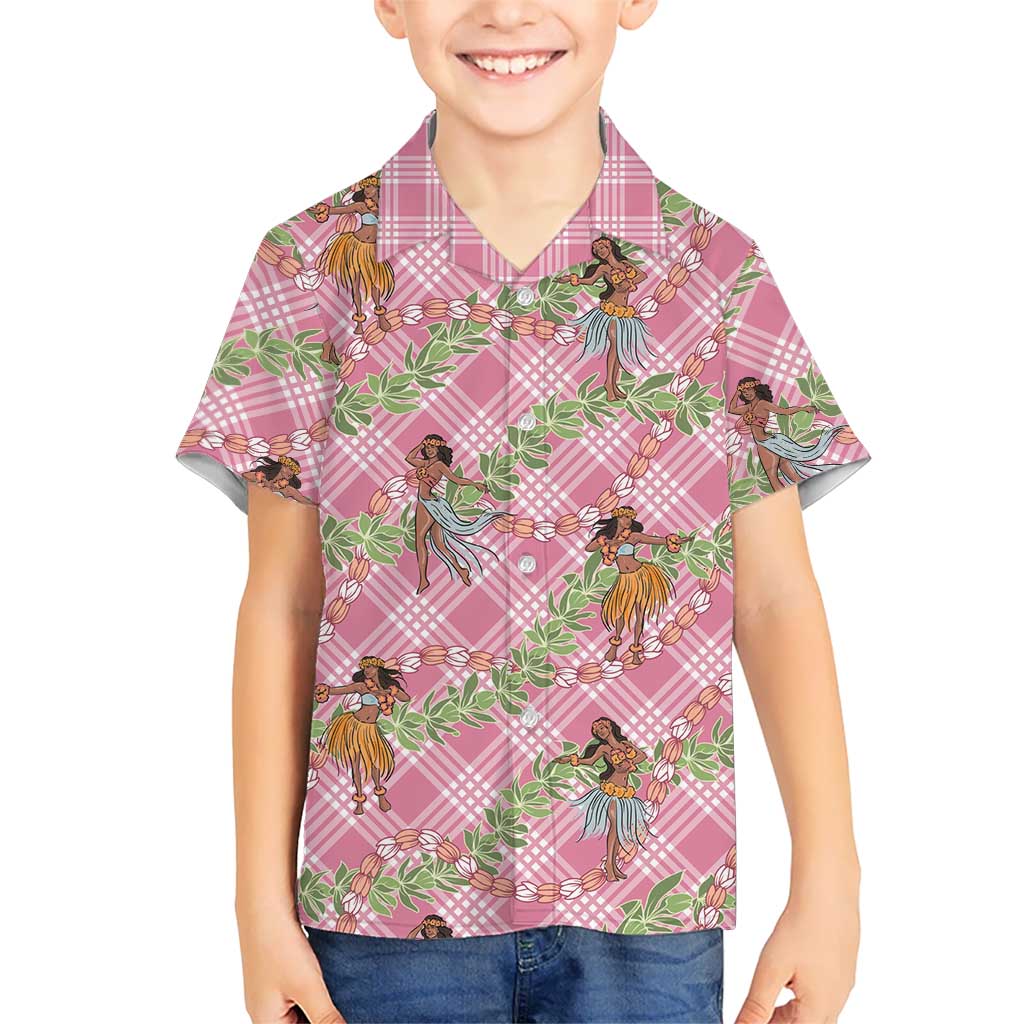 Lokelani Pink Palaka Hula Girls Seamless Hawaii Aloha Family Matching Off Shoulder Short Dress and Hawaiian Shirt LT7 Son's Shirt Pink - Polynesian Pride
