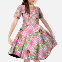 Lokelani Pink Palaka Hula Girls Seamless Hawaii Aloha Family Matching Short Sleeve Bodycon Dress and Hawaiian Shirt LT7 Daughter's Dress Pink - Polynesian Pride
