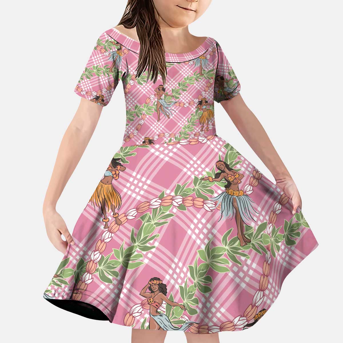 Lokelani Pink Palaka Hula Girls Seamless Hawaii Aloha Kid Short Sleeve Dress - Polynesian Pride