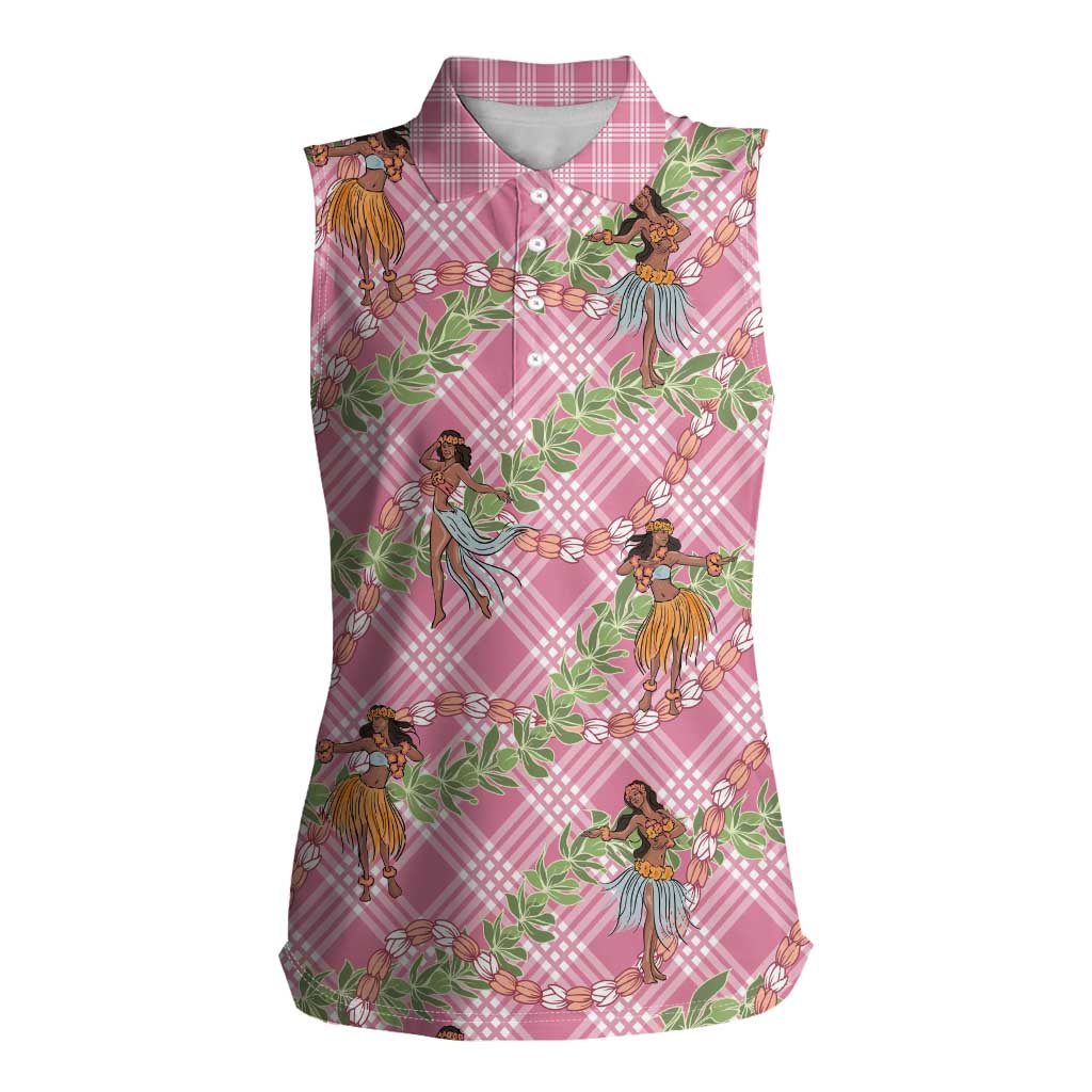 Lokelani Pink Palaka Hula Girls Seamless Hawaii Aloha Women Sleeveless Polo Shirt - Polynesian Pride
