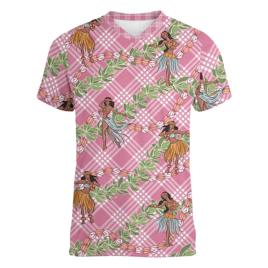 Lokelani Pink Palaka Hula Girls Seamless Hawaii Aloha Women V-Neck T-Shirt LT7 Female Pink - Polynesian Pride