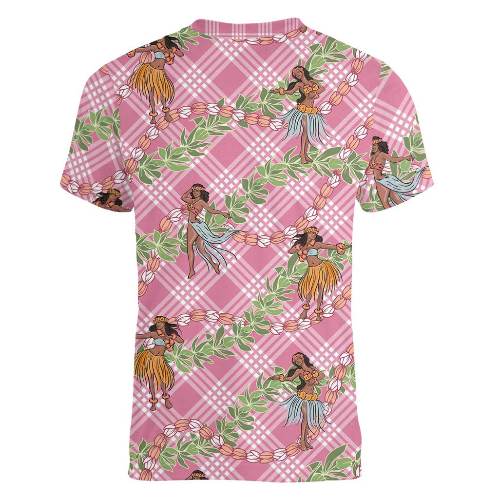 Lokelani Pink Palaka Hula Girls Seamless Hawaii Aloha Women V-Neck T-Shirt LT7 - Polynesian Pride