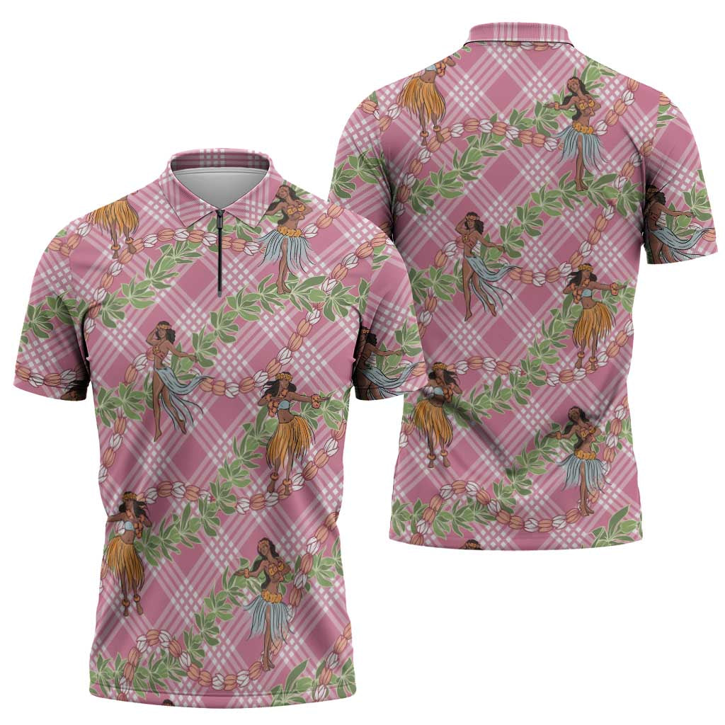 Lokelani Pink Palaka Hula Girls Seamless Hawaii Aloha Zipper Polo Shirt - Polynesian Pride
