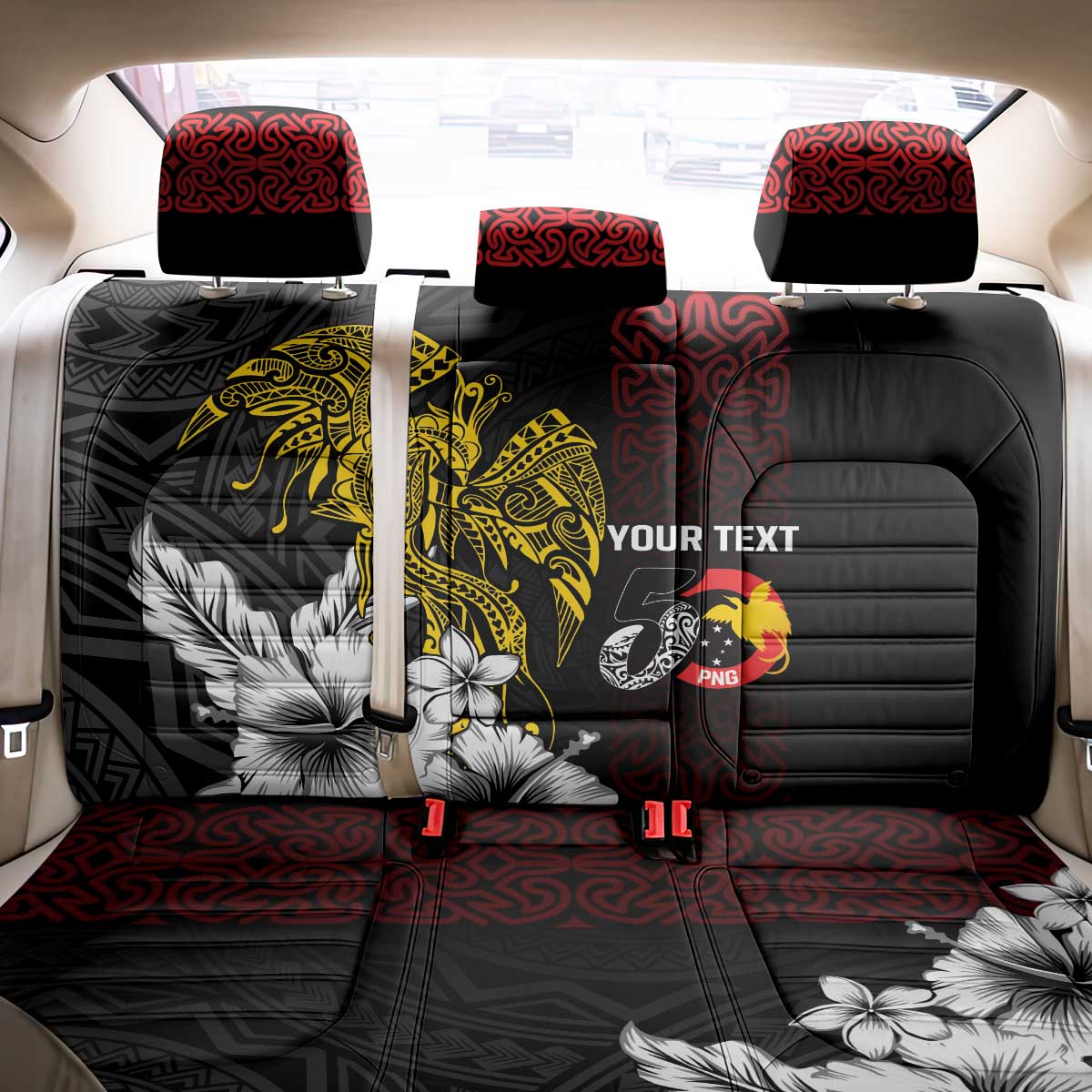 Personalized Papua New Guinea 50th Independence Anniversary Back Car Seat Cover Oro Tapa Mix Plumeria