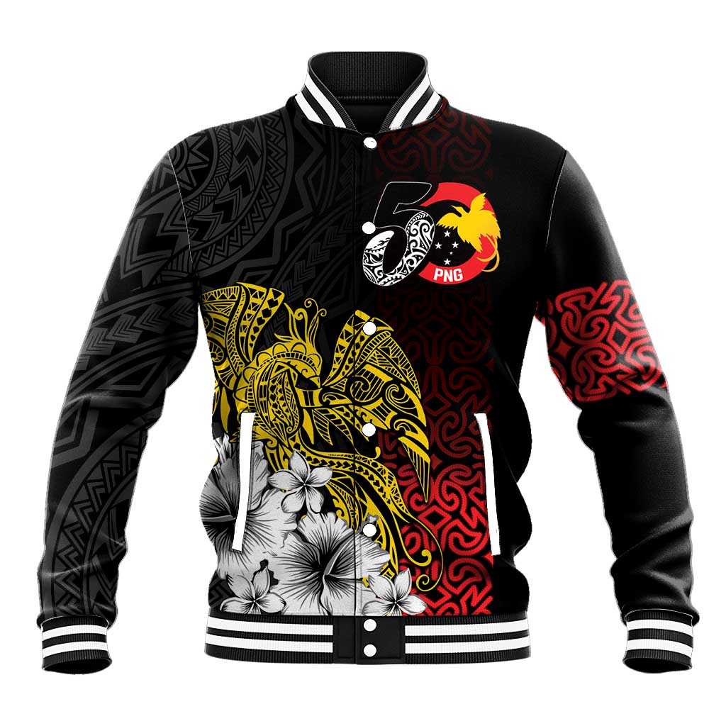 Personalized Papua New Guinea 50th Independence Anniversary Baseball Jacket Oro Tapa Mix Plumeria