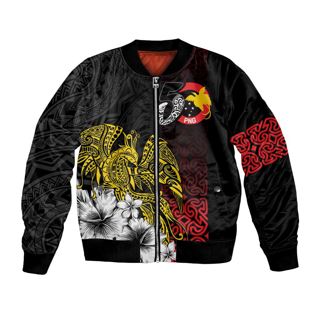 Personalized Papua New Guinea 50th Independence Anniversary Bomber Jacket Oro Tapa Mix Plumeria