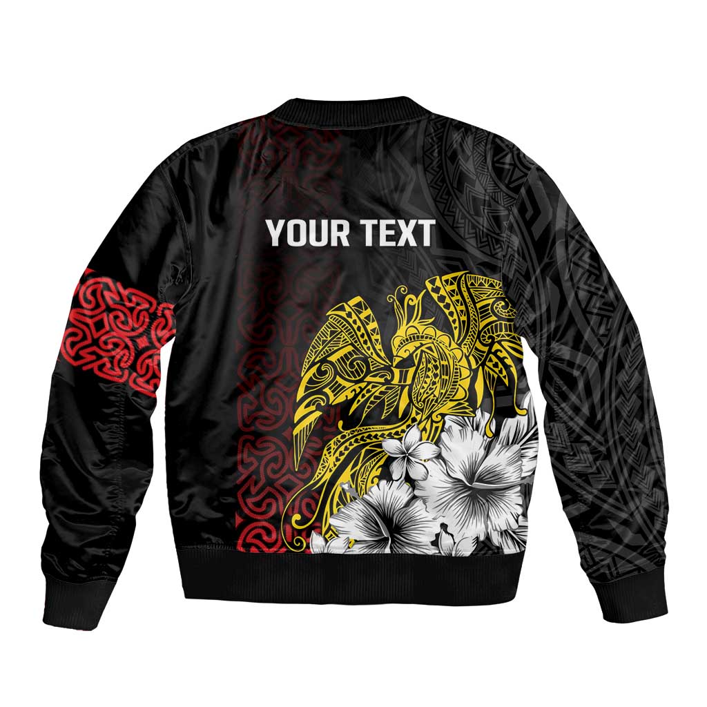 Personalized Papua New Guinea 50th Independence Anniversary Bomber Jacket Oro Tapa Mix Plumeria