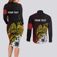 Personalized Papua New Guinea 50th Independence Anniversary Couples Matching Long Sleeve Bodycon Dress and Long Sleeve Button Shirt Oro Tapa Mix Plumeria