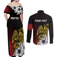 Personalized Papua New Guinea 50th Independence Anniversary Couples Matching Off Shoulder Maxi Dress and Long Sleeve Button Shirt Oro Tapa Mix Plumeria