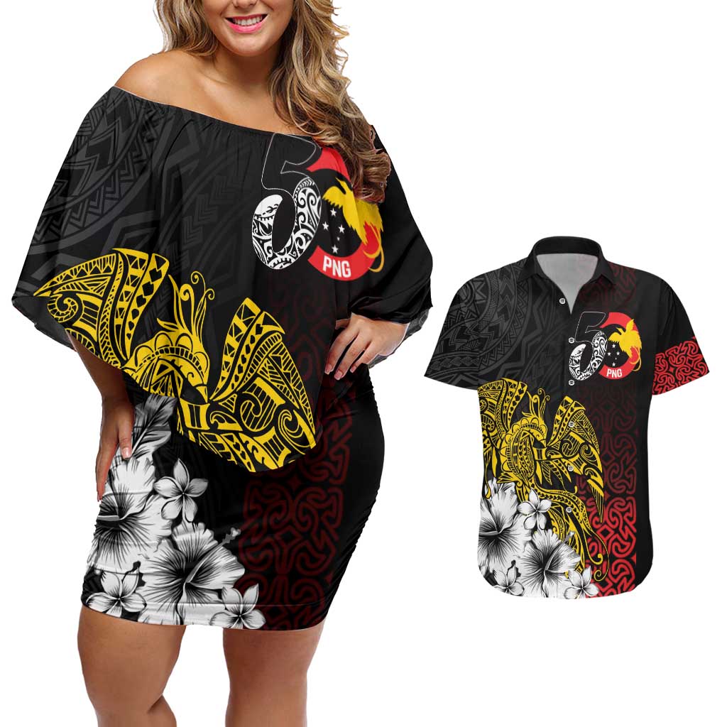 Personalized Papua New Guinea 50th Independence Anniversary Couples Matching Off Shoulder Short Dress and Hawaiian Shirt Oro Tapa Mix Plumeria
