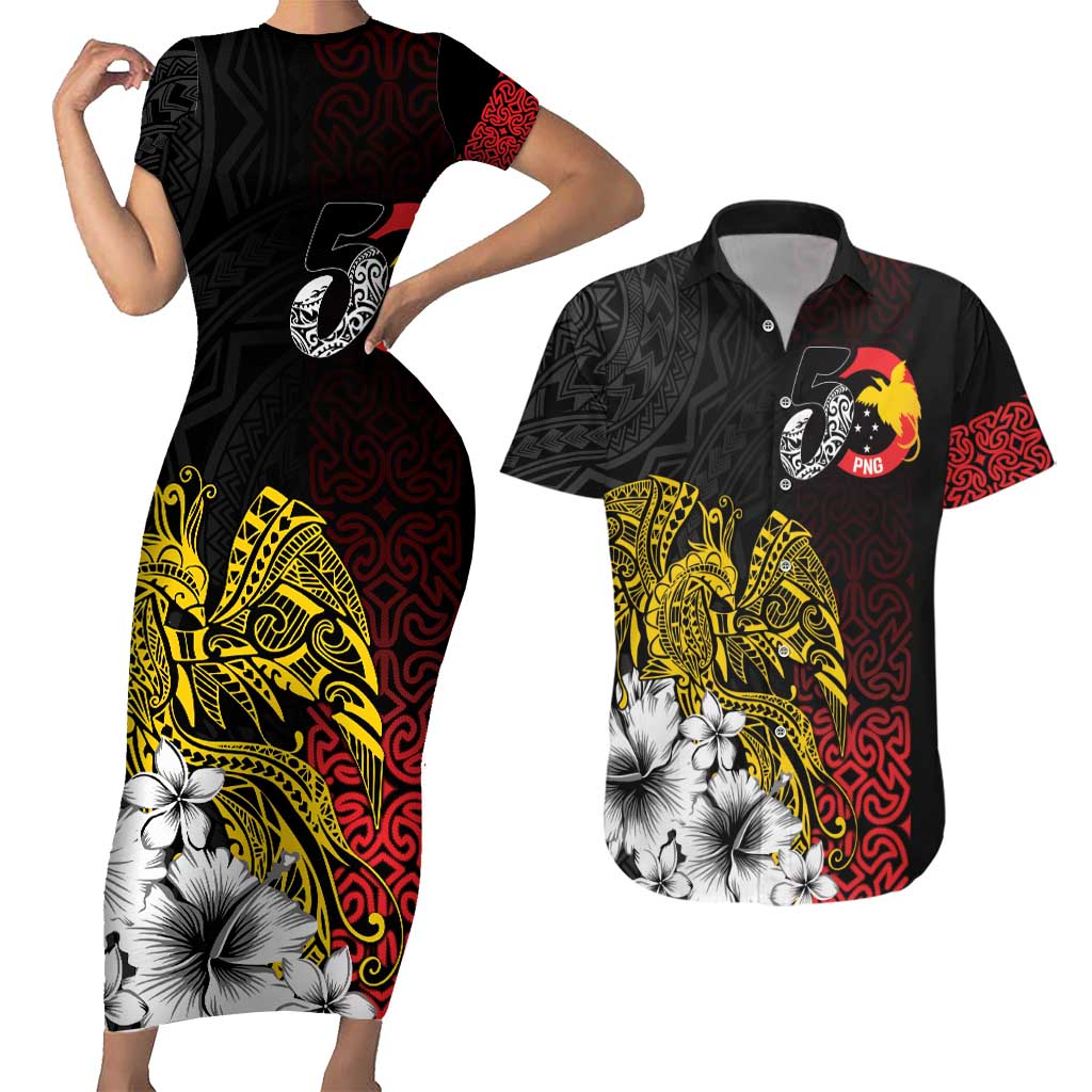 Personalized Papua New Guinea 50th Independence Anniversary Couples Matching Short Sleeve Bodycon Dress and Hawaiian Shirt Oro Tapa Mix Plumeria