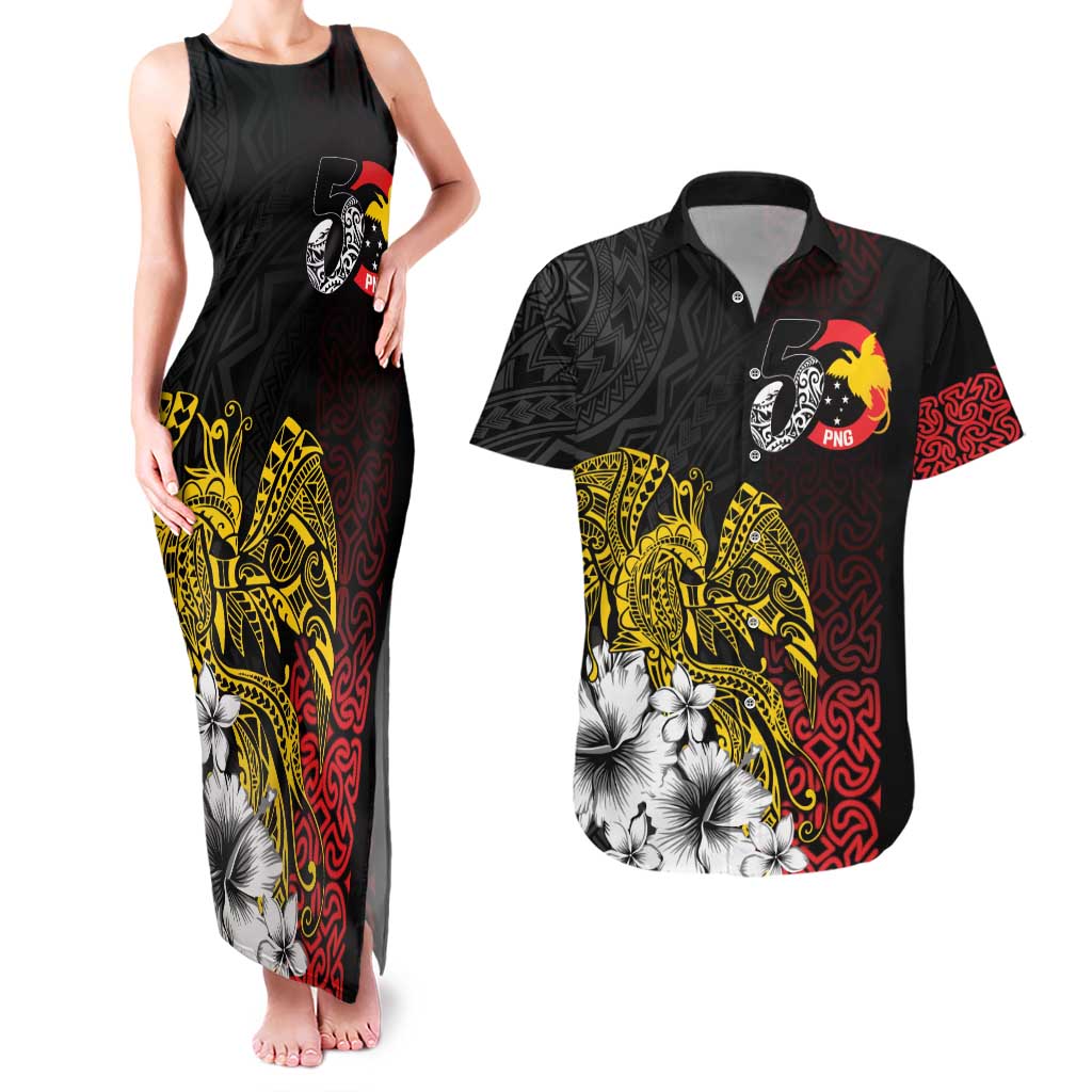 Personalized Papua New Guinea 50th Independence Anniversary Couples Matching Tank Maxi Dress and Hawaiian Shirt Oro Tapa Mix Plumeria
