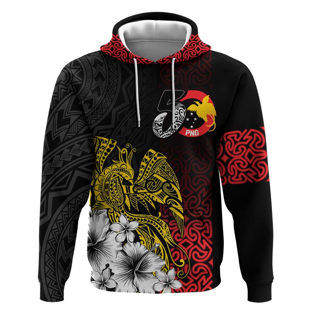 Personalized Papua New Guinea 50th Independence Anniversary Hoodie Oro Tapa Mix Plumeria