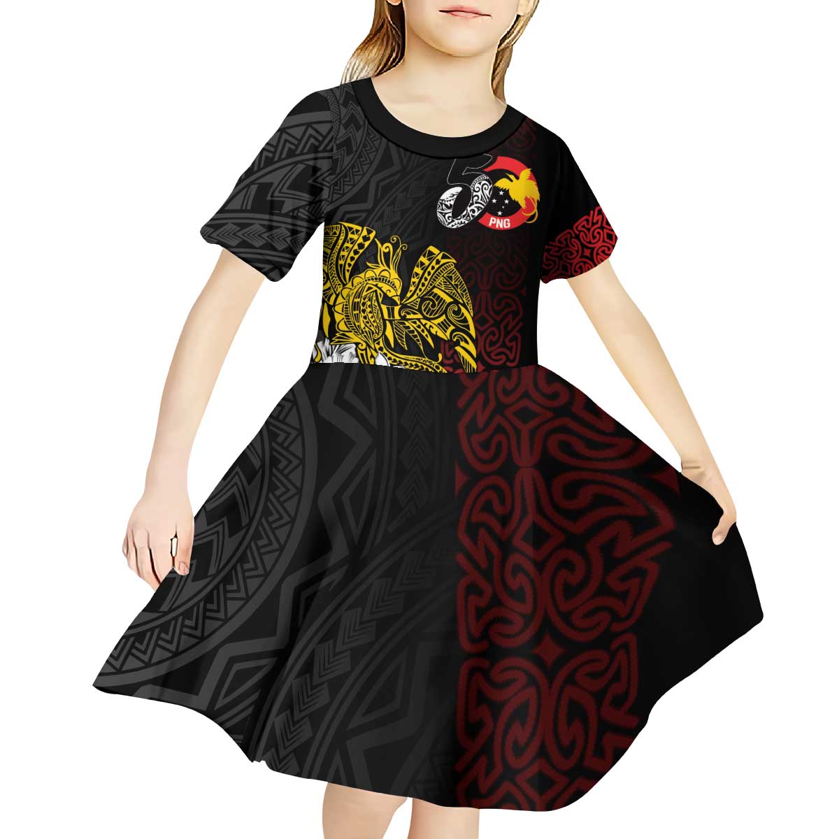 Personalized Papua New Guinea 50th Independence Anniversary Kid Short Sleeve Dress Oro Tapa Mix Plumeria