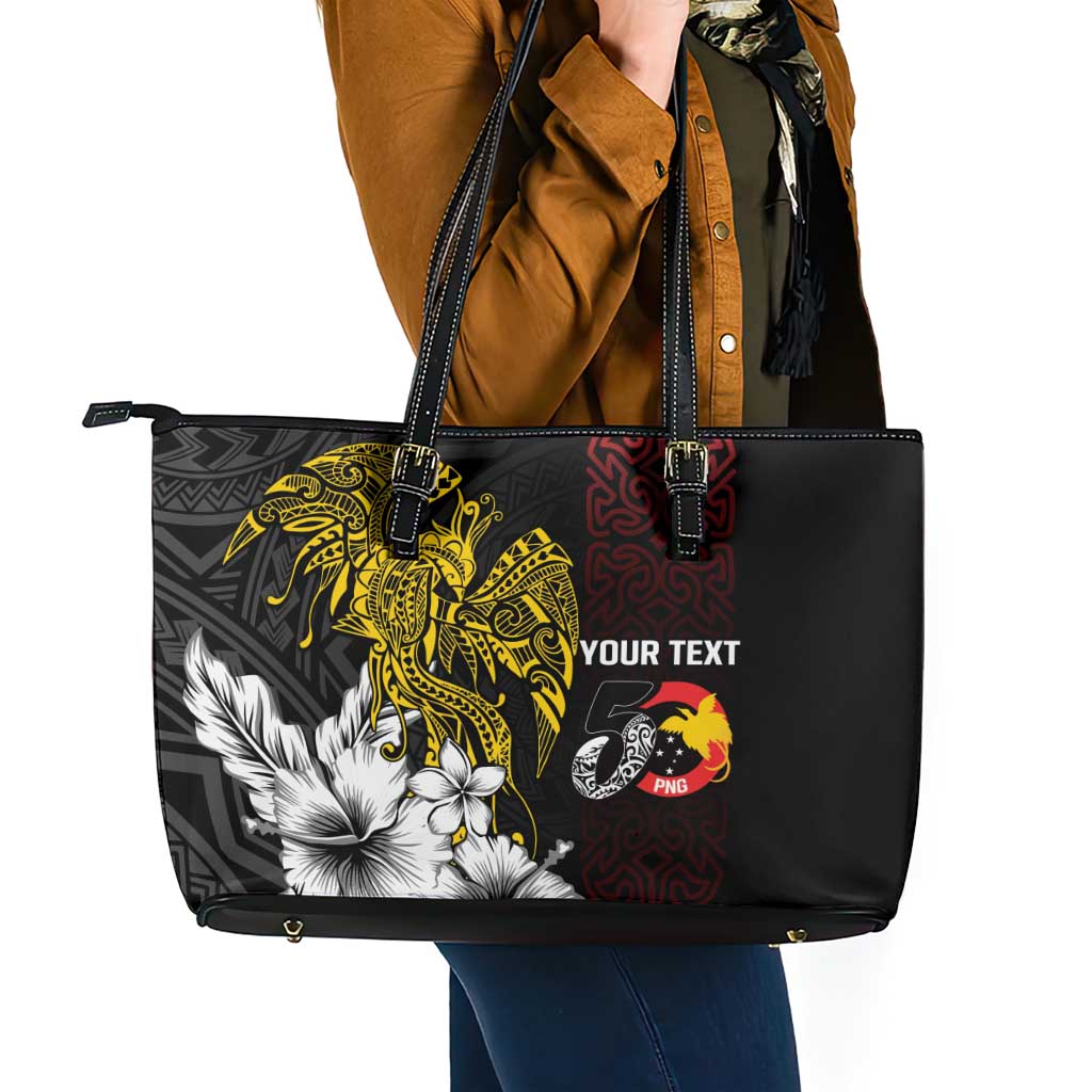 Personalized Papua New Guinea 50th Independence Anniversary Leather Tote Bag Oro Tapa Mix Plumeria