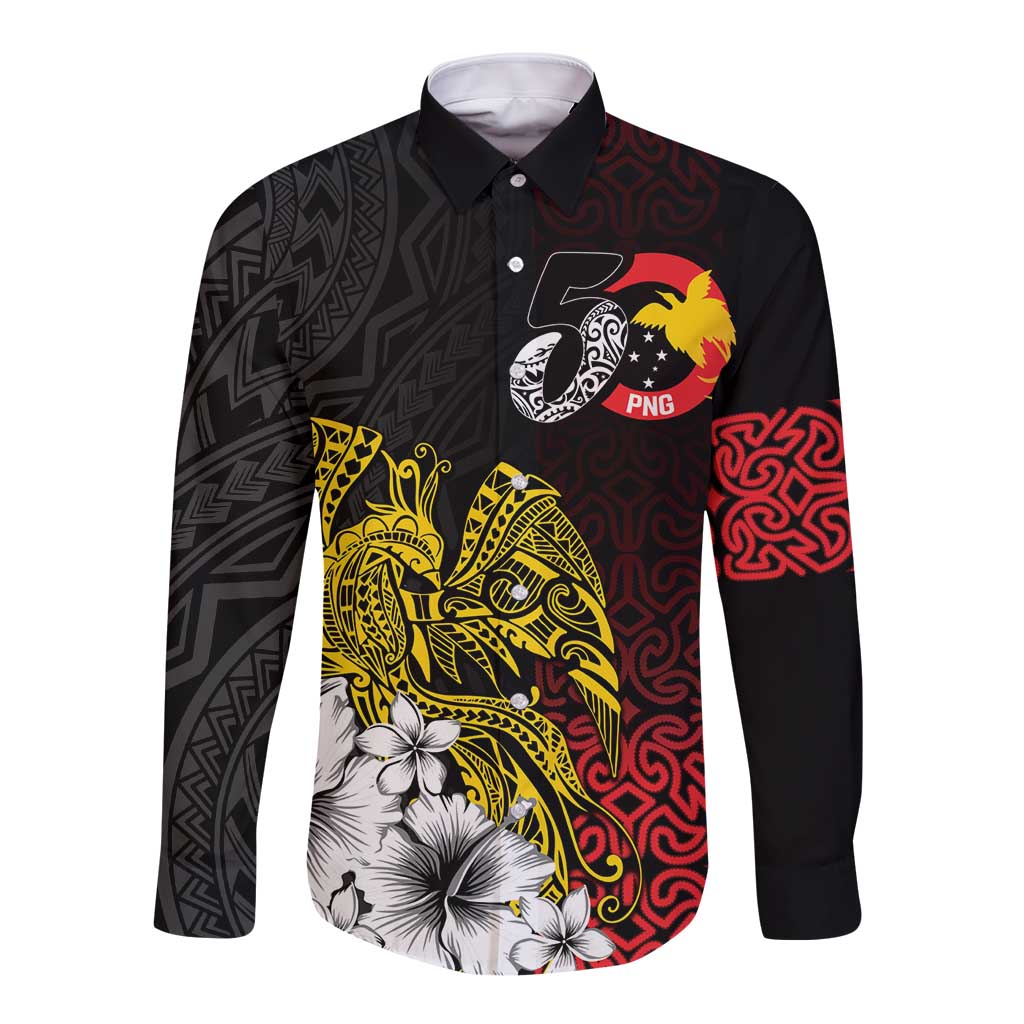 Personalized Papua New Guinea 50th Independence Anniversary Long Sleeve Button Shirt Oro Tapa Mix Plumeria