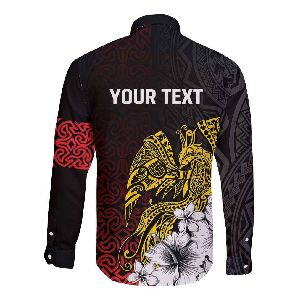 Personalized Papua New Guinea 50th Independence Anniversary Long Sleeve Button Shirt Oro Tapa Mix Plumeria