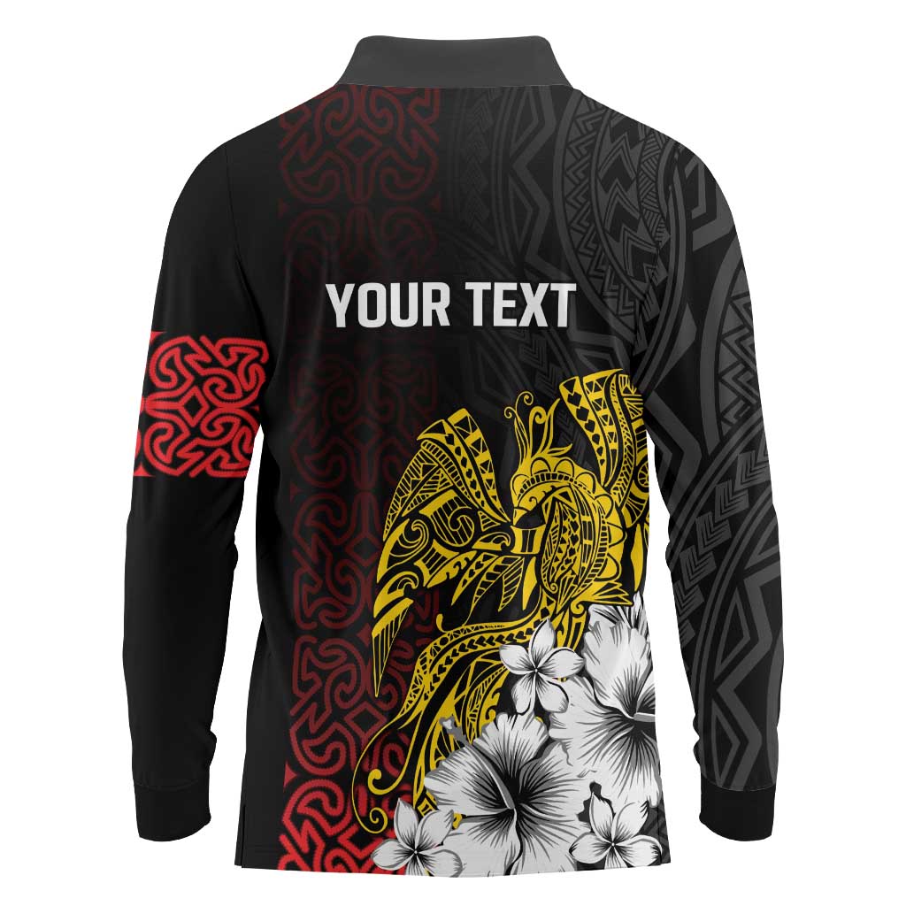 Personalized Papua New Guinea 50th Independence Anniversary Long Sleeve Polo Shirt Oro Tapa Mix Plumeria