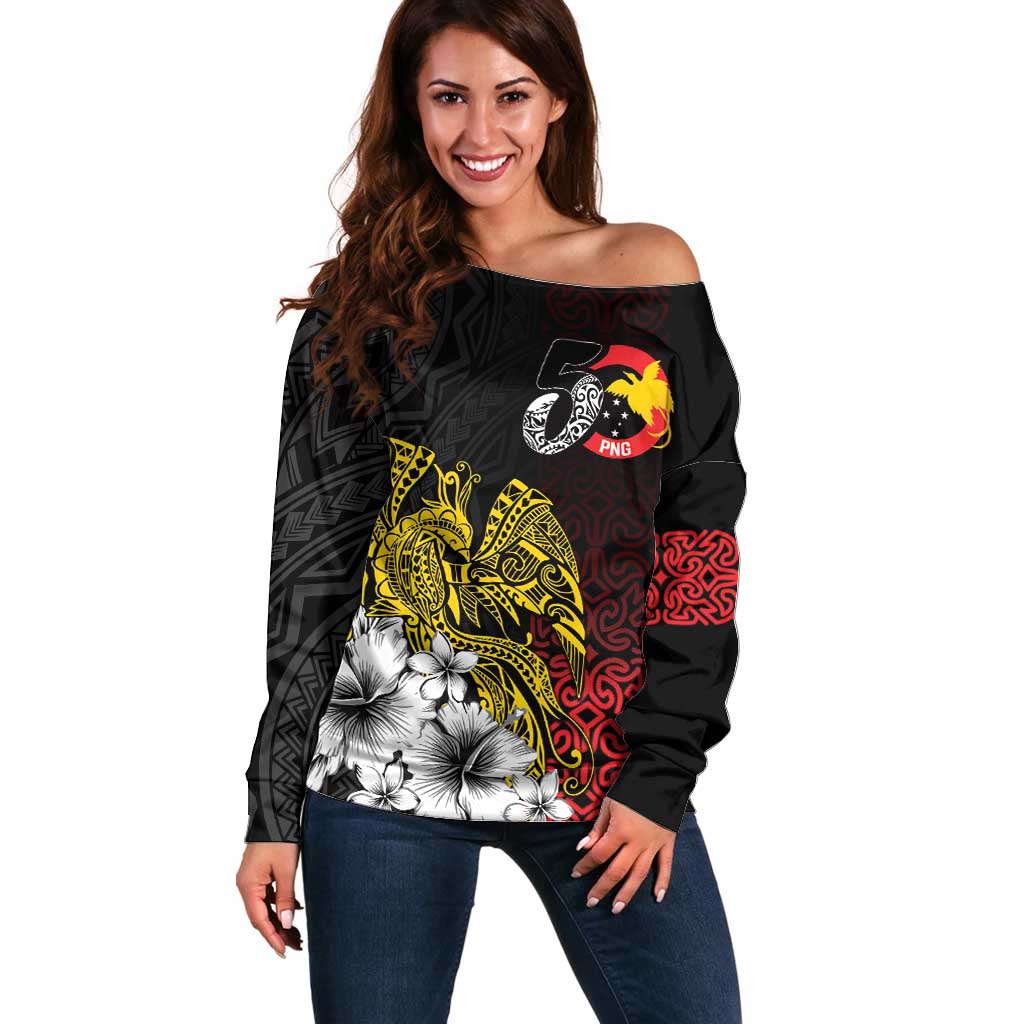 Personalized Papua New Guinea 50th Independence Anniversary Off Shoulder Sweater Oro Tapa Mix Plumeria