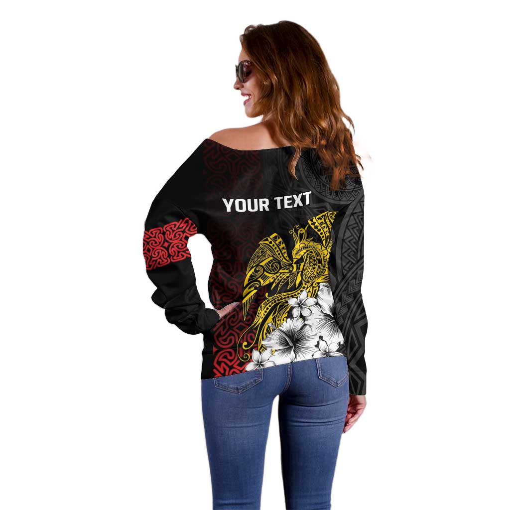 Personalized Papua New Guinea 50th Independence Anniversary Off Shoulder Sweater Oro Tapa Mix Plumeria